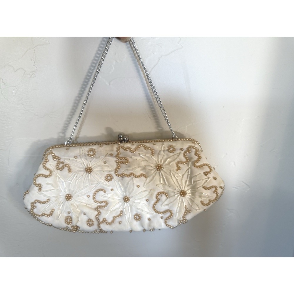 La Regale Vintage White Pearl Beaded‎ Clasp Evening Bag Japan W/ Chain